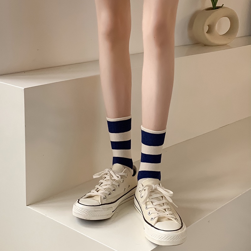 Vớ Cotton Mỏng Cổ Cao Họa Tiết Kẻ Sọc Thời Trang Cho Nữ