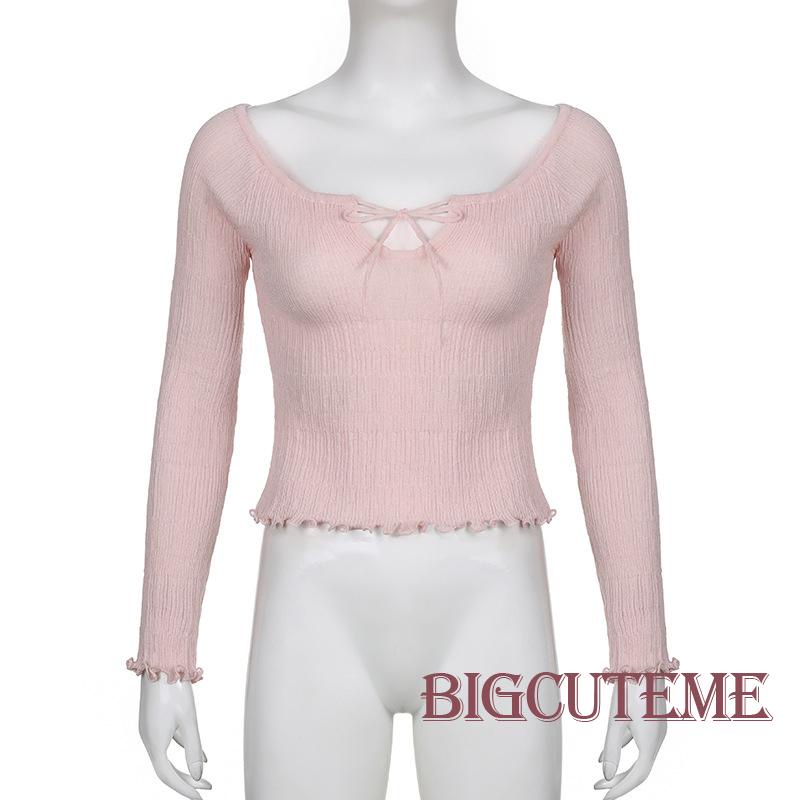 Áo Thun Tay Dài Cổ Tròn Buộc Dây Dáng Ôm Màu Trơn Thời Trang Thường Ngày Cho Bạn Gái