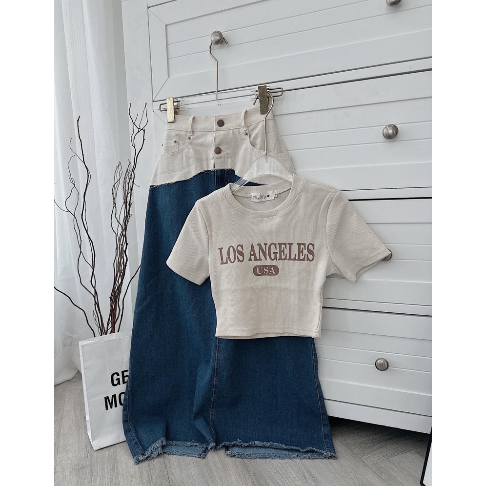 Set croptop pull chữ chân váy midi jean phối eo