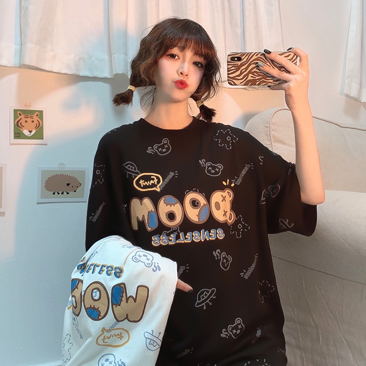 IELGY  Áo Thun Tay Ngắn Cổ Tròn In Họa Tiết Hoạt Hình Phong Cách Hàn Quốc Thời Trang Cho Nữ