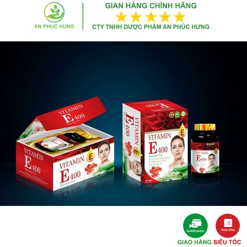 Viên uống trắng da mờ nám VITAMIN E400 With Aloe Vera + Vitamin E 400 iu tinh dầu hoa anh thảo Vitamin E đỏ-Hộp 30 viên