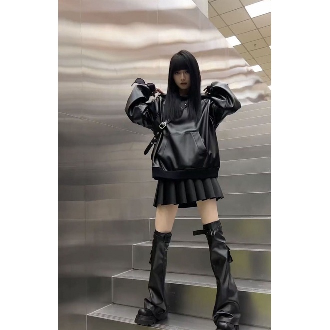 Áo Hoodie Da Pu Dáng Rộng Phong Cách Mỹ Thời Trang Xuân Thu 2023