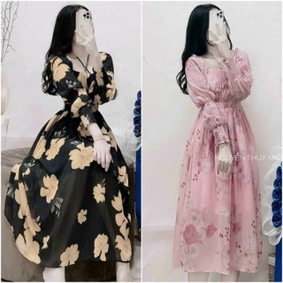 Đầm maxi voan hoa tay bo dài dáng lửng xòe vintage đi biển,dạo phố hotgirls xinh - TuanQuan