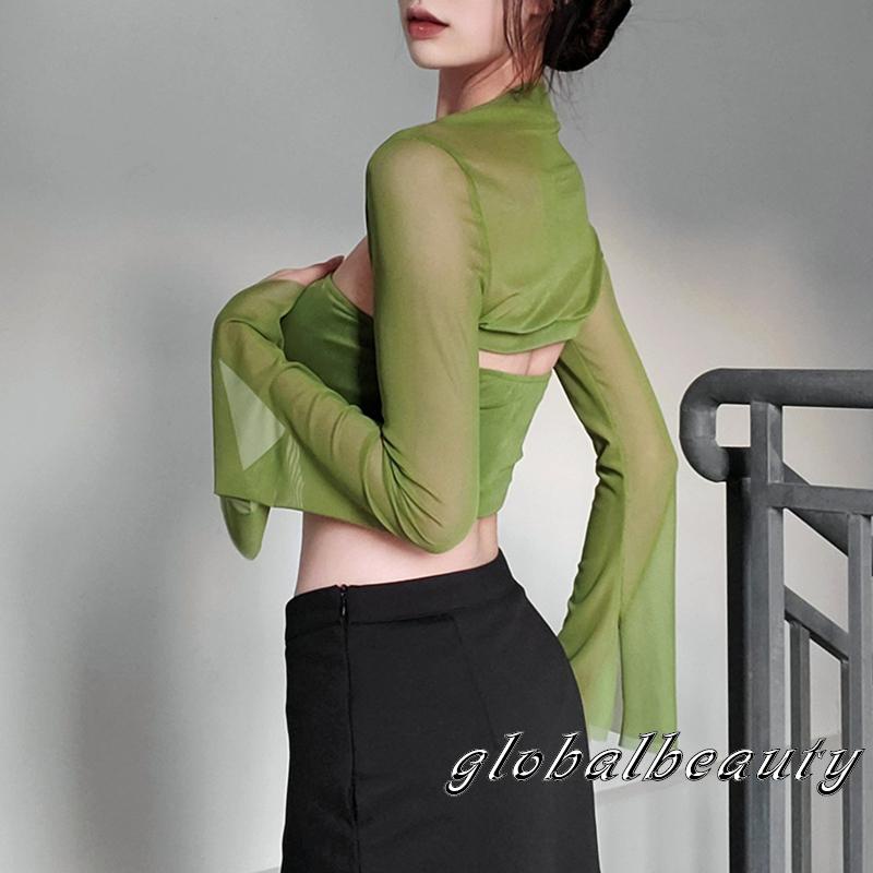 Set Áo Trễ Vai Không Tay 00GB + Áo Lưới Dài Tay Màu Sắc Trơn Dành Cho Nữ