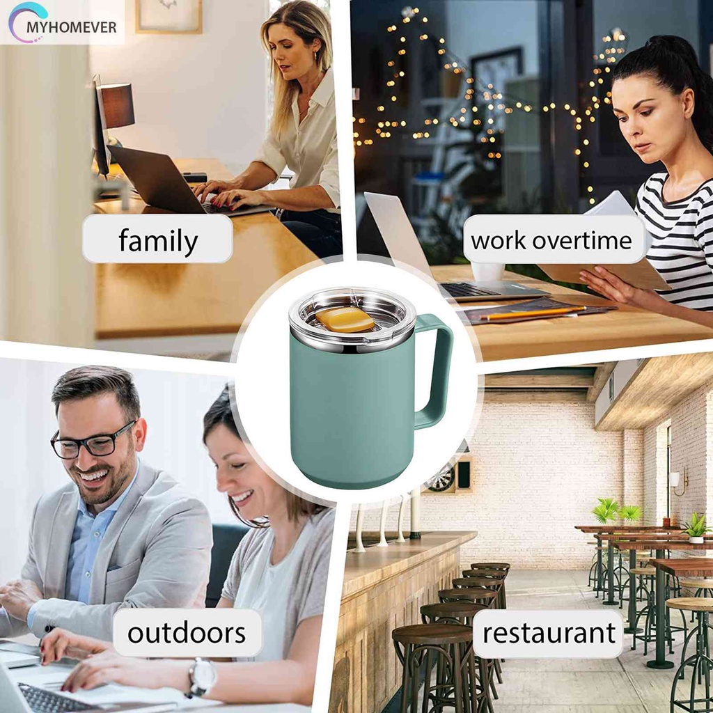 Cốc Uống Cà Phê Bằng Thép Không Gỉ Hai Lớp Cách Nhiệt Có Tay Cầm Và Nắp Thể Tích 450