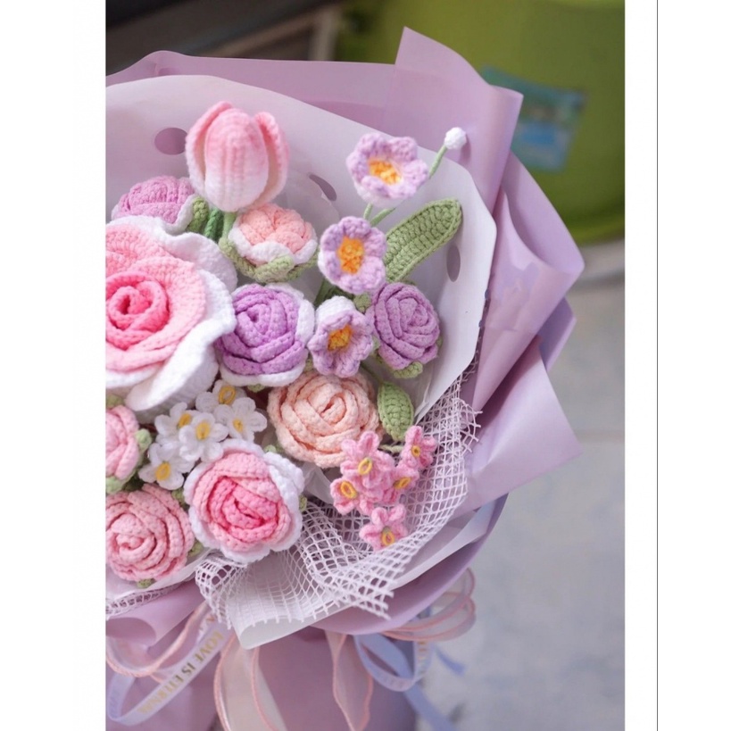 🎁Giao hàng nhanh chóng💝Bó Hoa Hồng Đan Len Thủ Công diy Xinh Xắn