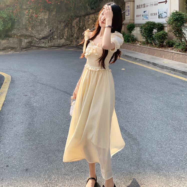 Đầm Tay Phồng Dáng Chữ A Màu Vàng Phong Cách Pháp Ngọt Ngào Thời Trang Mùa Hè Cho Nữ