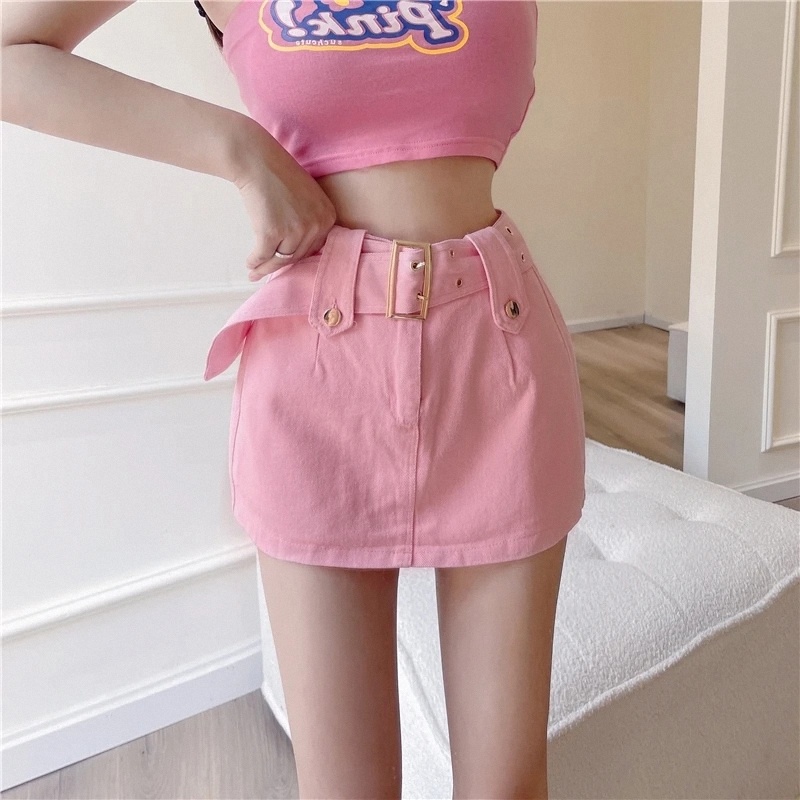 chân váy denim nữ màu hồng hot girl Chân váy ôm eo cao thời trang phong cách Hàn Quốc váy mùa hè
