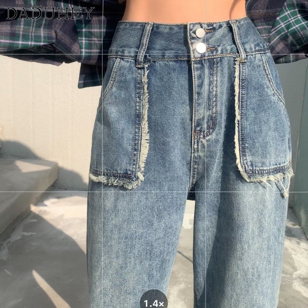 DaDuHey New Korean Version of INS Large Pocket Jeans High Waist Raw Edge Wide Leg Pants Large Size Trousers