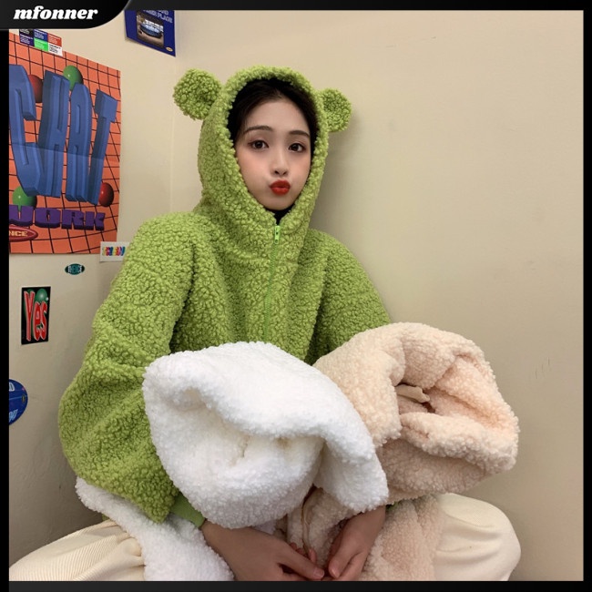 Áo Khoác Dáng Rộng Màu Trơn Phối Lông Ấm Áp Dễ Thương Cho Nữ