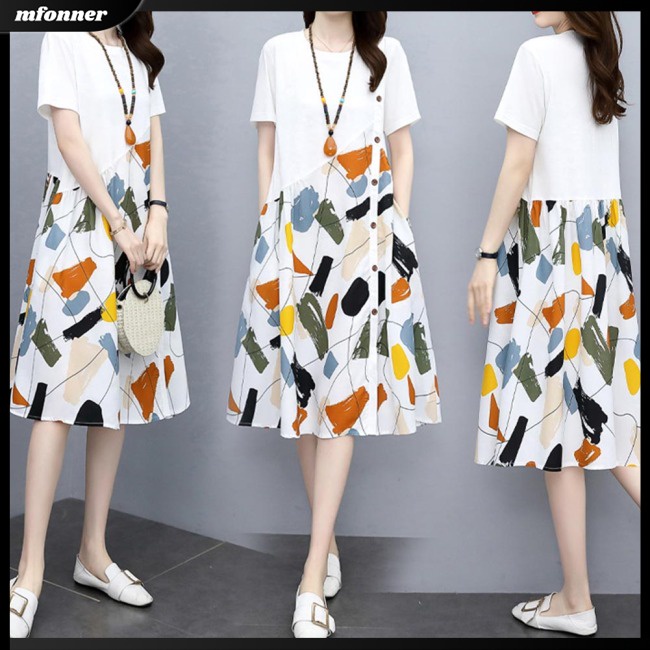 Đầm Dáng Chữ A Tay Ngắn Cổ Tròn Lưng Cao In Họa Tiết Thời Trang Mùa Hè Cho Nữ