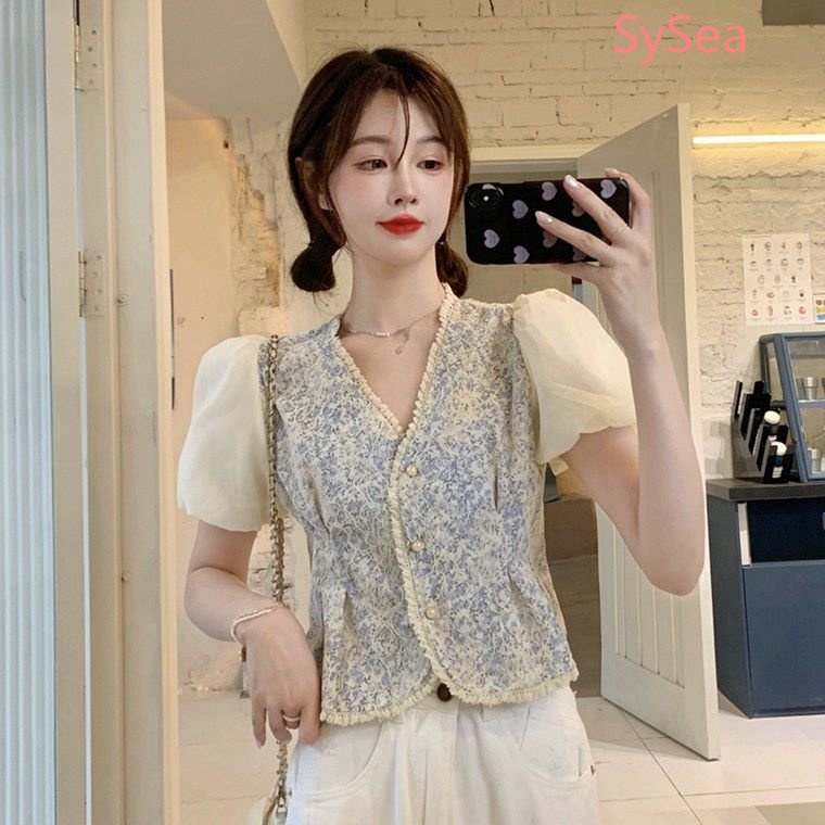 Áo Kiểu Tay Phồng Cổ Chữ V Phối Ren Hoa Phong Cách Retro Pháp