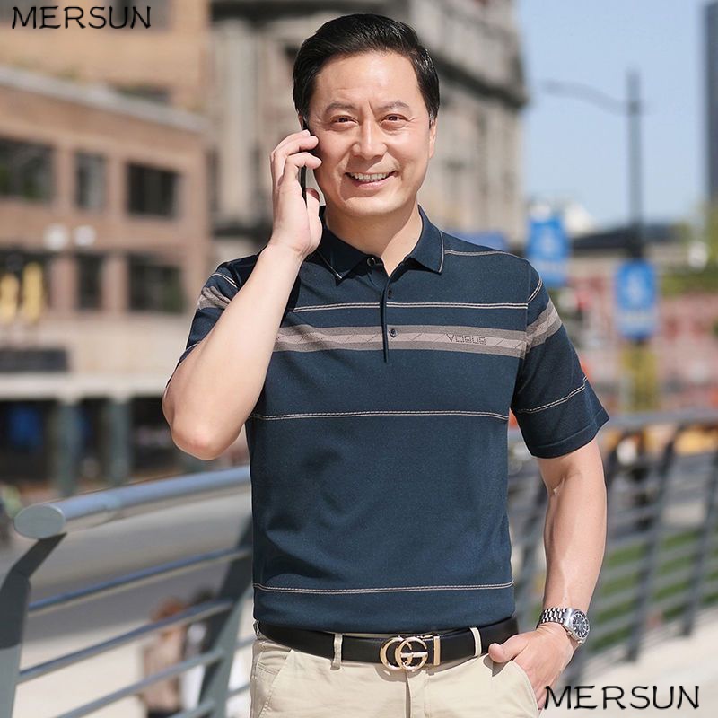 Áo Thun POLO Tay Ngắn Dáng Rộng Vải Lụa Lạnh Kẻ Sọc Thời Trang Mùa Hè Cho Nam Trung Niên 2023