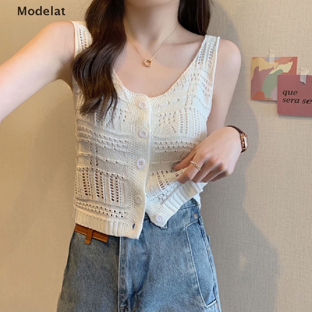Áo Crop Top Dệt Kim Không Tay Màu Trơn Cài Nút Thời Trang Mùa Hè Cho Nữ