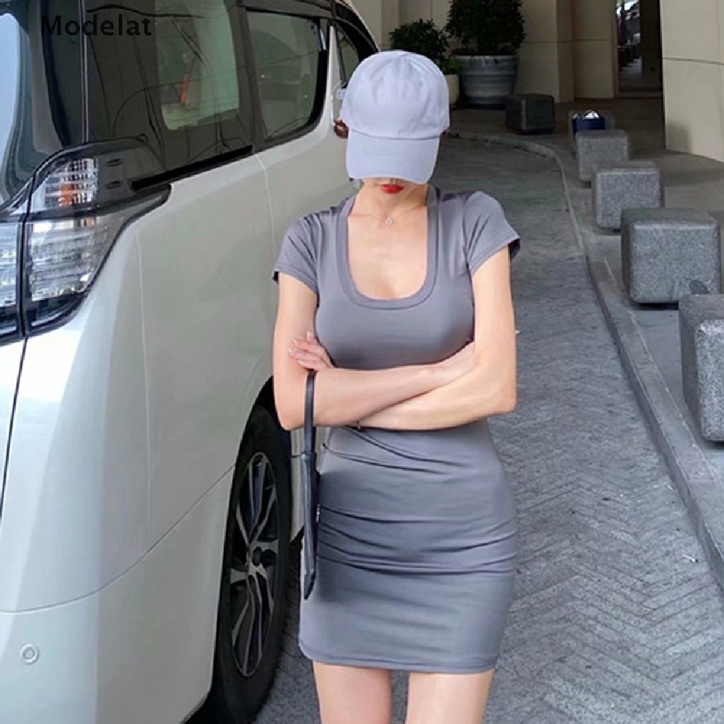 Đầm Thun Ngắn Tay Cổ Chữ U Ôm Dáng Phong Cách Hàn Quốc Gợi Cảm Cho Nữ