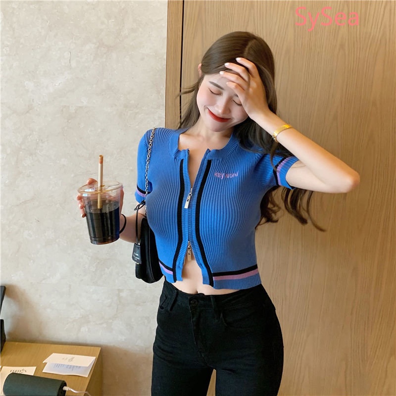 Áo Croptop Dệt Kim Phối Khóa Kéo Phong Cách Hàn Quốc Cho Nữ