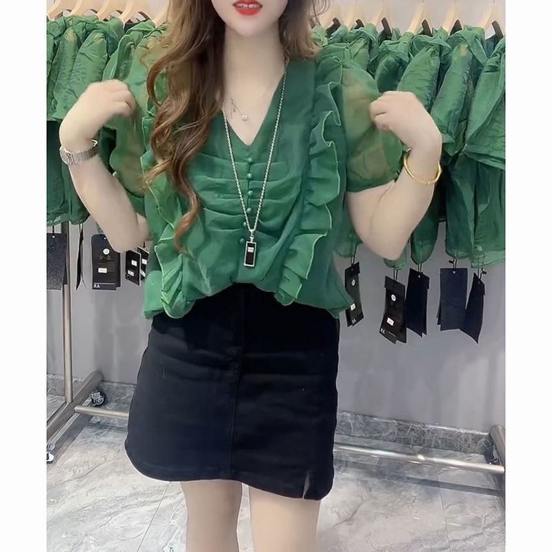 Áo Sơ Mi Tay Ngắn Cổ Chữ V Màu Trơn Phong Cách Thời Trang Phương Tây Thời Trang Mùa Hè 2023