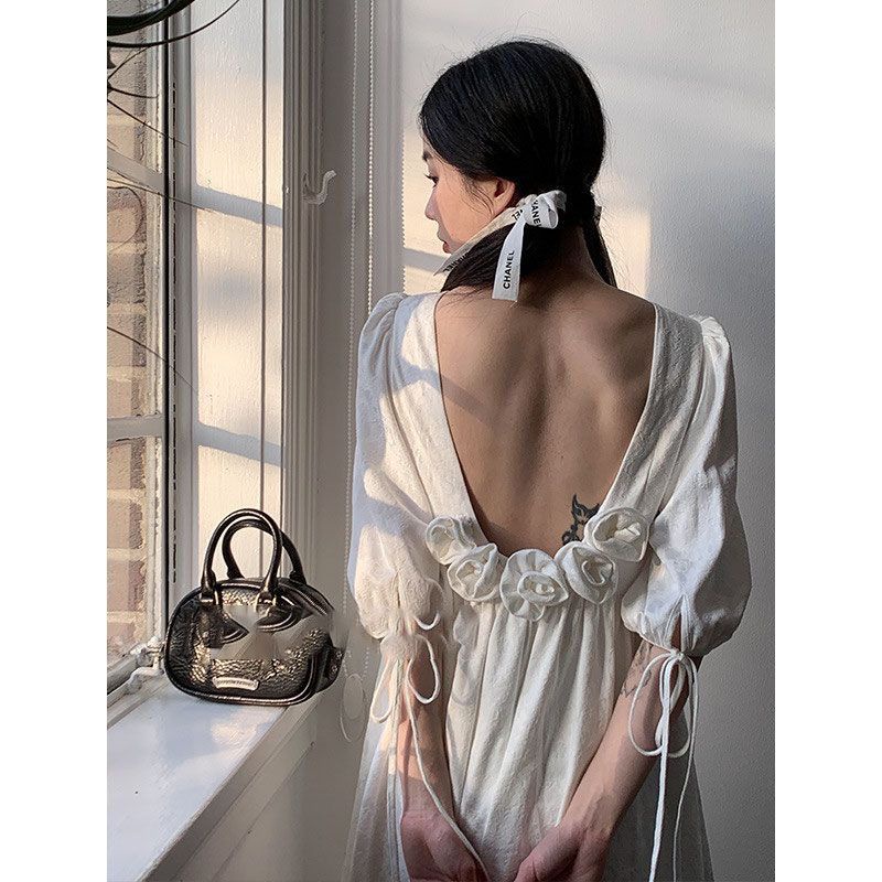 [F &amp; X] Đầm Hoa Dáng Dài Tay Phồng Thắt Dây Ruy Băng Phong Cách Công Nghiệp 2023 Sang Trọng Ngọt Ngào Cho Nữ