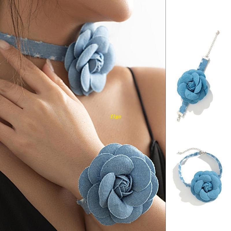 Vòng Cổ Choker Hình Hoa Màu Xanh Dương Phong Cách Cao Bồi