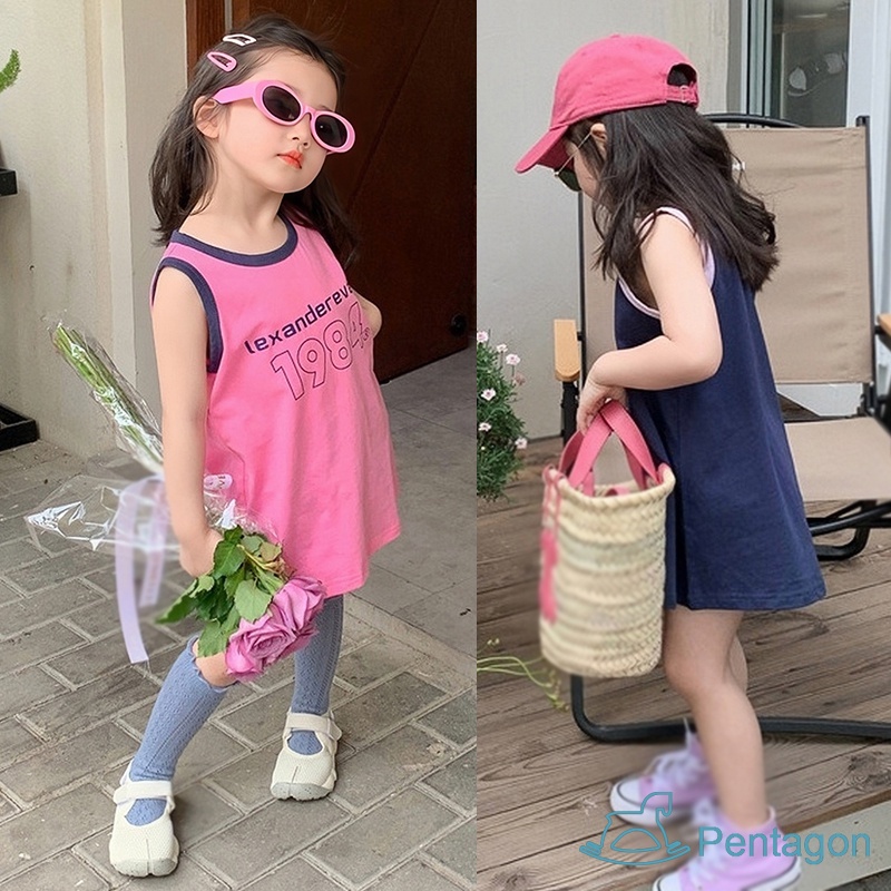 Đầm Thun Không Tay Cổ Tròn In Chữ Thời Trang Mùa Hè Dành Cho Bé Gái