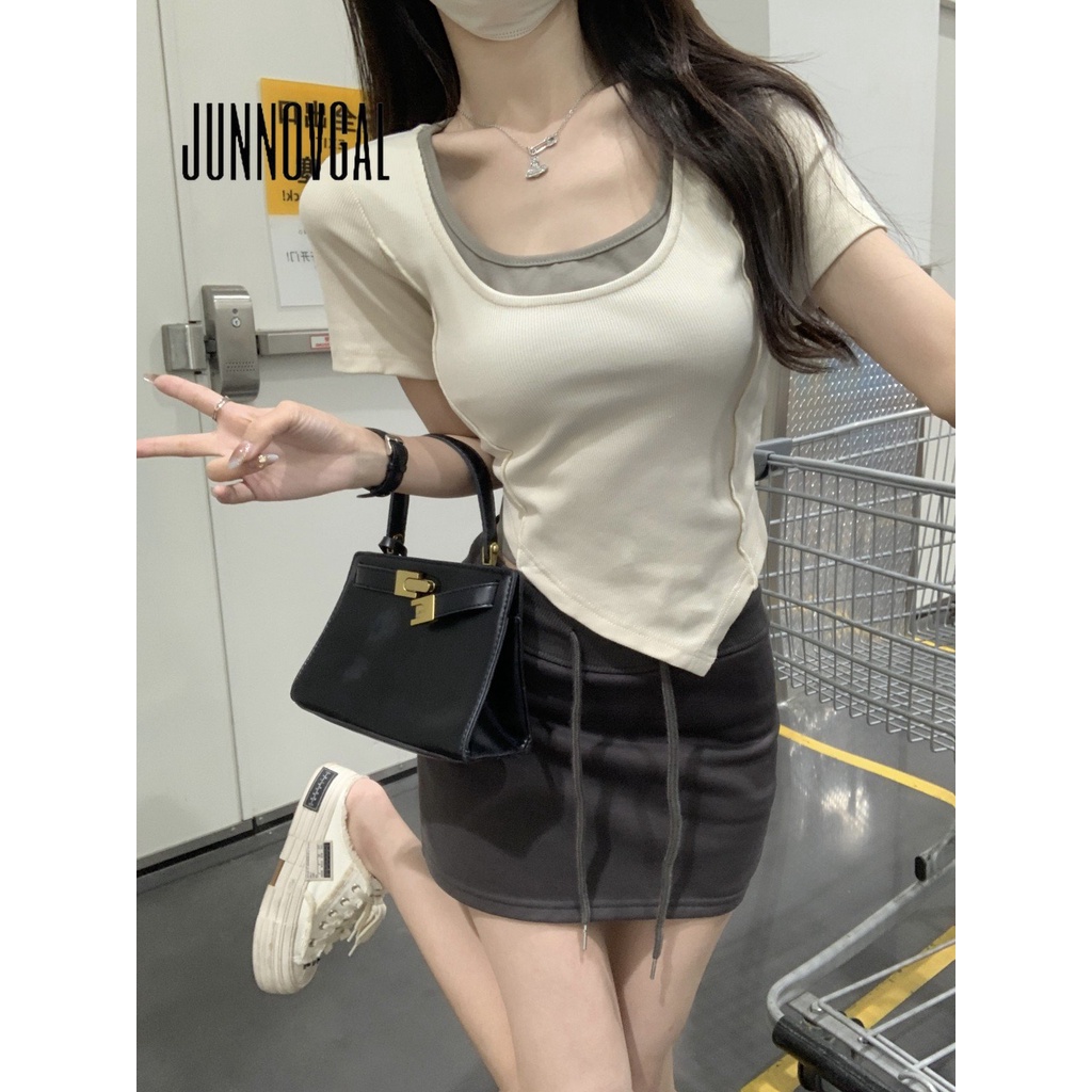 Áo Thun Tay Ngắn Cổ Vuông Dáng Ôm Phối Màu Tương Phản Thời Trang 2023 Cho Bạn Gái