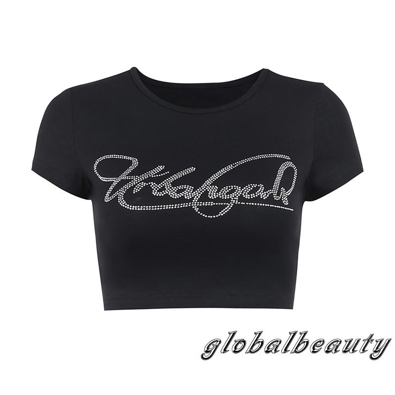Áo Thun Croptop Tay Ngắn Cổ Tròn In Chữ Lấp Lánh Thời Trang Mùa Hè Cho Nữ