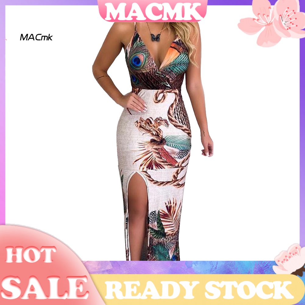 < Cod > Đầm Maxi Hai Dây Ôm Dáng Xẻ Tà Hở Lưng Cổ Chữ V In Họa Tiết Lông Công Boho Cho Nữ