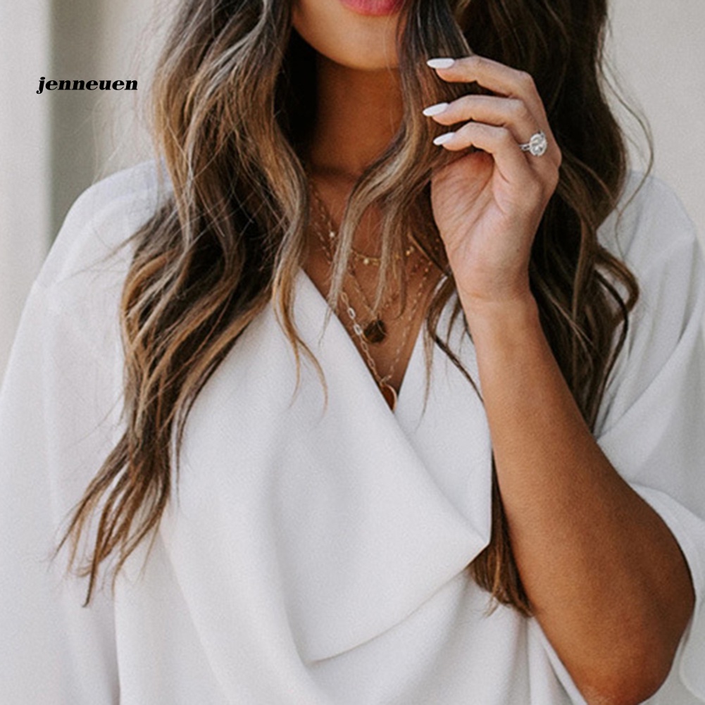 Áo Sơ Mi Tay Lửng Cổ Chữ V Màu Trơn Thời Trang Dành Cho Nữ