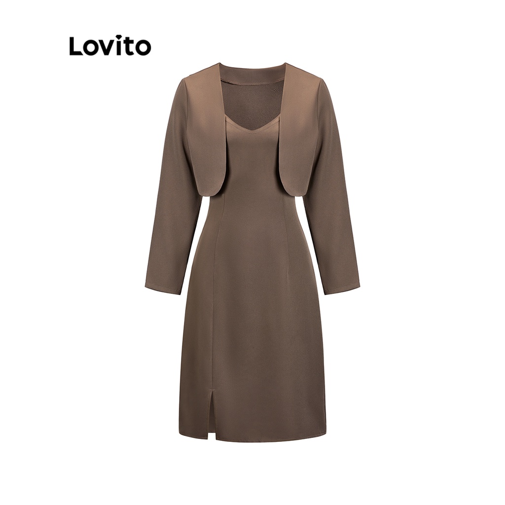 Lovito Bộ áo crop top dài tay dáng tròn trơn thanh lịch Váy midi chữ A cho nữ L49ED134 (Màu nâu)