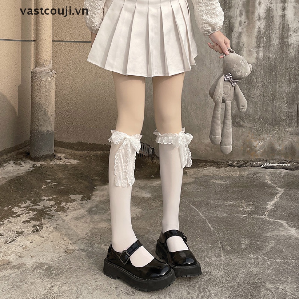 Quần Tất Phối Ren Dài Đến Đầu Gối Co Giãn Phong Cách Lolita Nhật Bản Ngọt Ngào