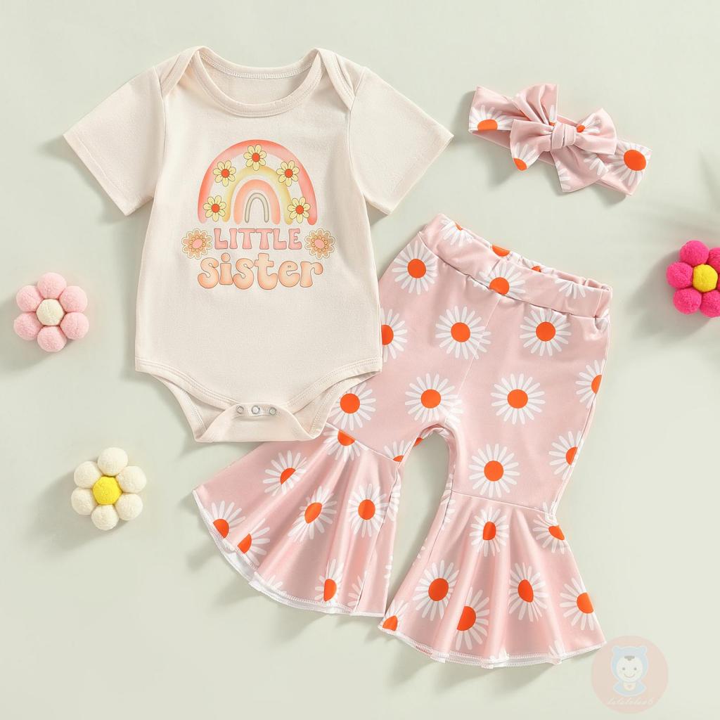 Bộ Áo Liền Quần In Chữ + Quần Dài Ống Loe In Hoa + Băng Đô Cài Tóc Thời Trang Mùa Hè Cho Bé Gái La