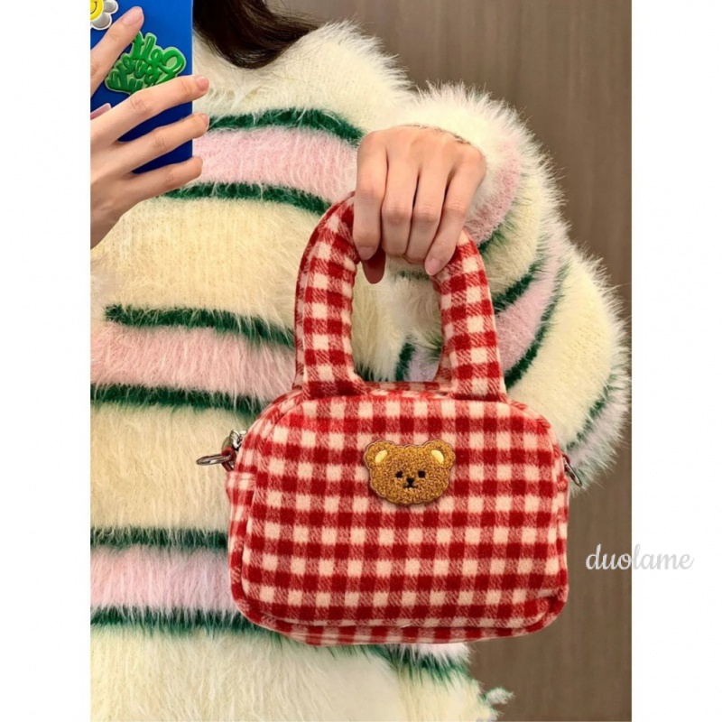 Túi Xách Đeo Vai Kiểu Vuông Nhỏ Sọc Ca Rô Phối Lông Thời Trang Nữ Đáng Yêu