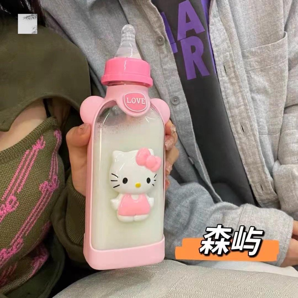Bình Nước Thủy Tinh Có Ống Hút Hình Hello Kitty Dễ Thương Cho Bé Gái