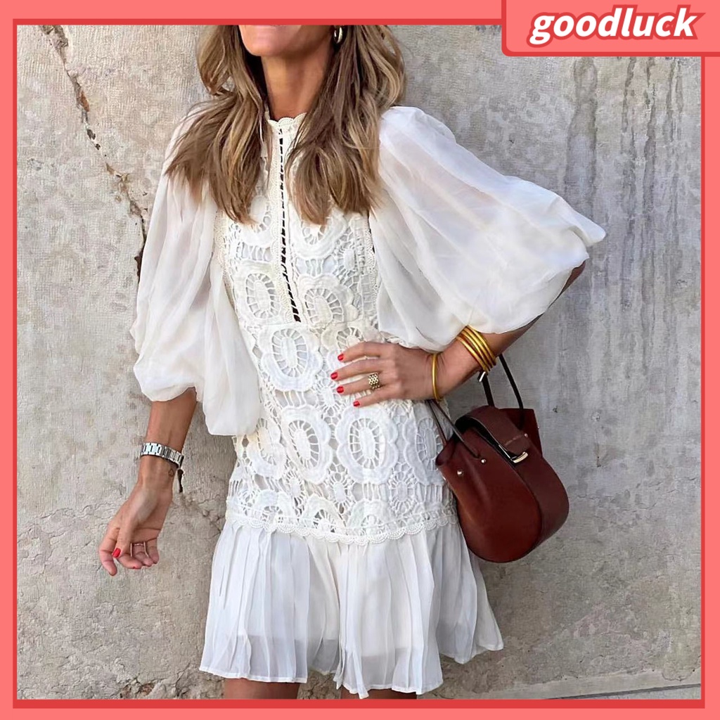 [ULK] Đầm Mini Tay Lỡ Viền Bèo Nhún Màu Trơn Thêu Ren Màu Trơn Họa Tiết Đường Phố