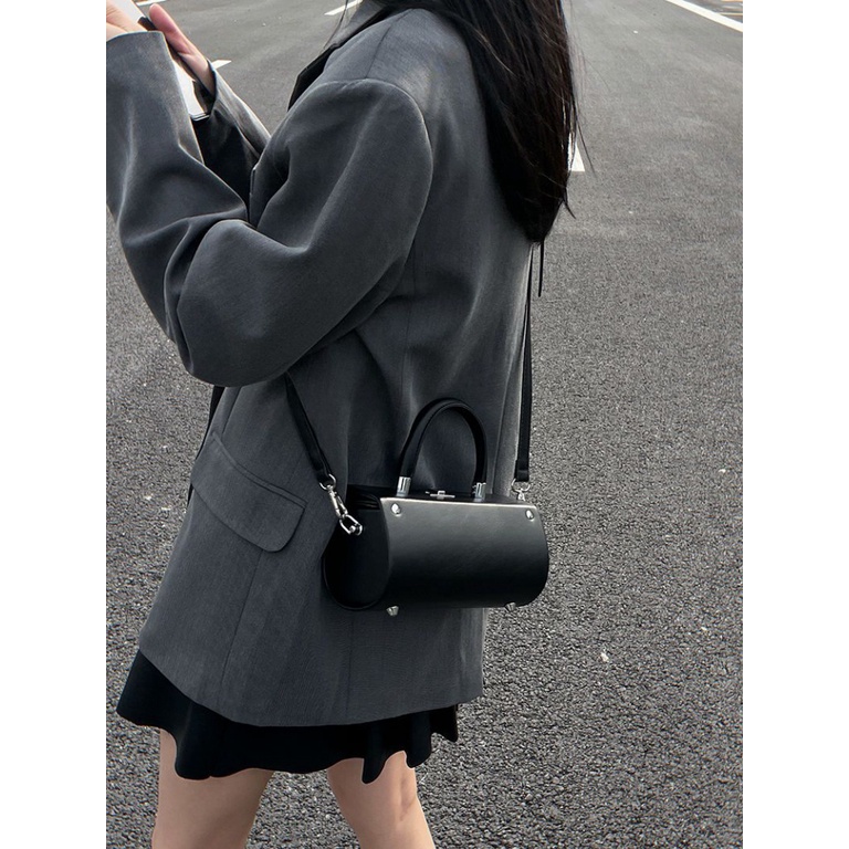 Túi Xách Hình Trụ Màu Đen Phong Cách Retro Cho Nữ