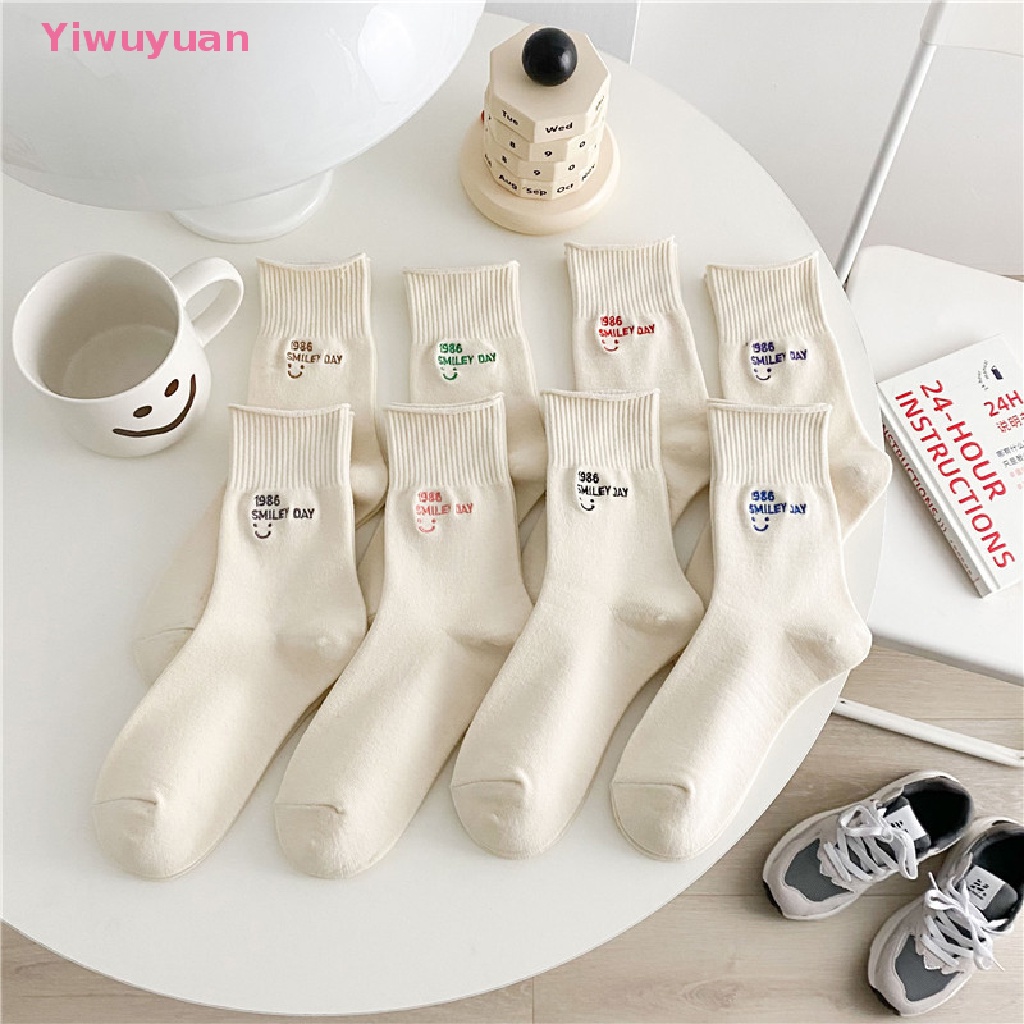 < Yiwuyuan > Vớ Ống Lửng Thêu Hình Mặt Cười Phong Cách Đại Học Janpaese Màu Trắng Mùa Xuân Mới