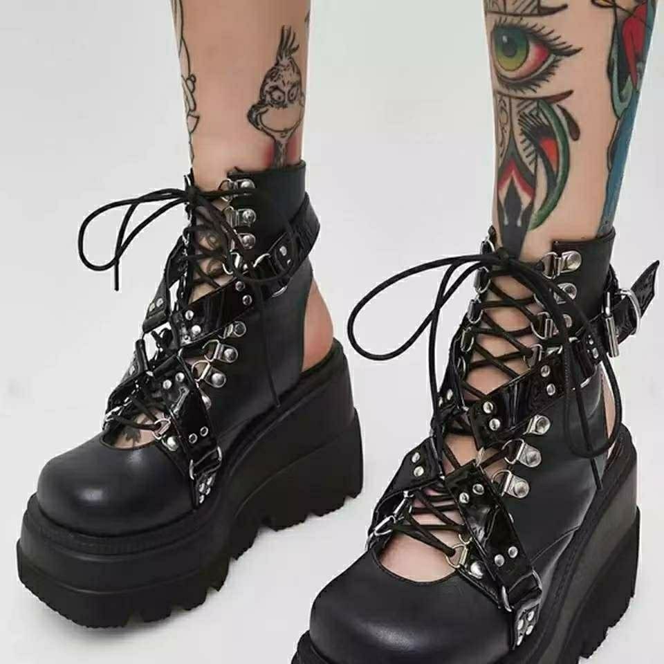 Giày Bốt Đế Xuồng Cột Dây Phong Cách punk Gothic punk Millennium y2k Châu Á