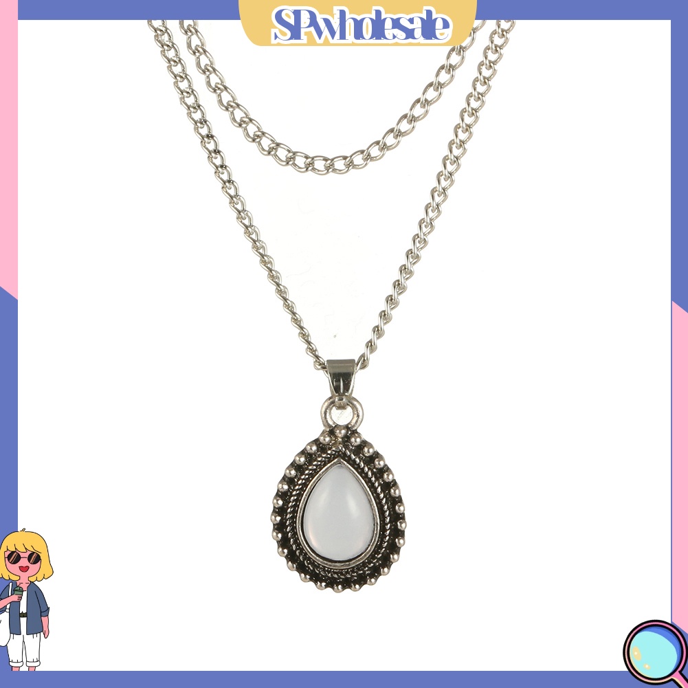 &lt;SPwholesale&gt; Vòng cổ Hai Lớp Mặt Đá Opal Hình Giọt Nước Phong Cách Vintage