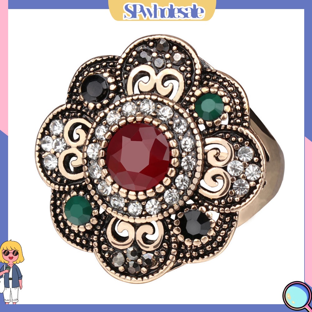 <SPwholesale> Nhẫn Đính Đá Họa Tiết Hoa Rỗng Phong Cách Vintage Cho Nữ