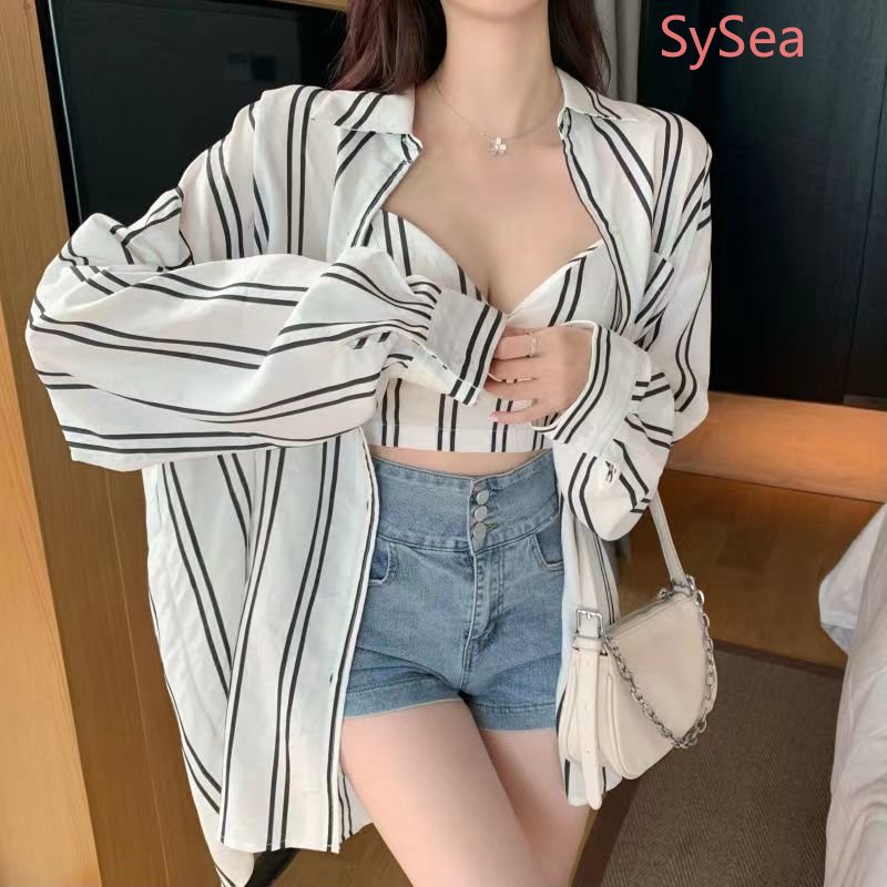 Set Áo Sơ Mi + Áo Hai Dây Chống Nắng Họa Tiết Kẻ Sọc Thời Trang Mùa Hè Cho Nữ