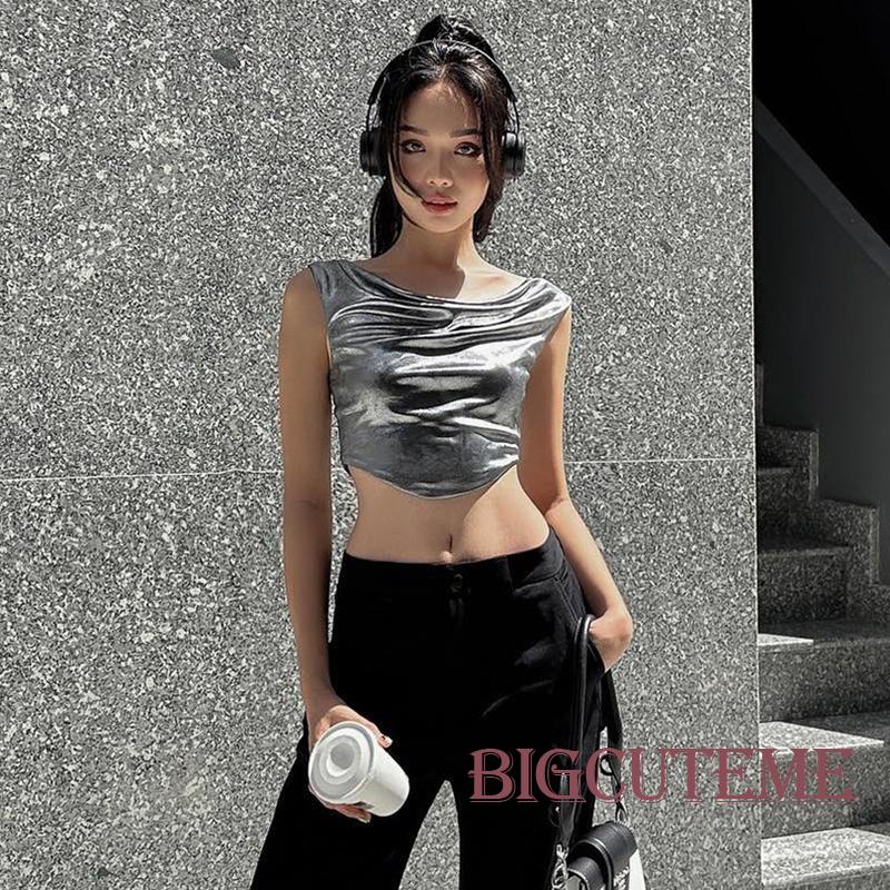 [] - Áo Không Tay Cổ Tròn Viền Cong Màu Trơn Ôm Dáng Thời Trang Mùa Hè Dành Cho Nữ Đi Tiệc Câu Lạc Bộ