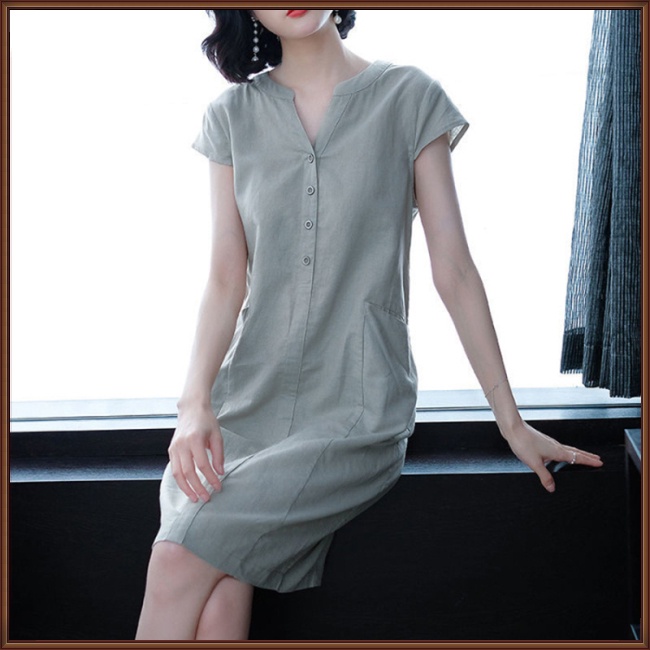 Đầm Tay Ngắn Cổ Chữ V Màu Sắc Thời Trang Mùa Hè Cho Nữ