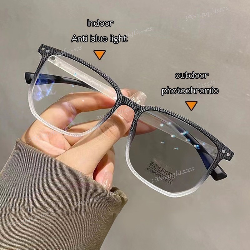 0 ~ -6.00 2 Trong 1 Hạt Gỗ Kính Cận Thị Photochromic Tròng Kính Cận Thị Retro Chống Ánh Sáng Xanh Nam Nữ Mặt Lớn Chống Bức Xạ Bảo Vệ Tia UV Khung Kính Mắt Vuông J6X0