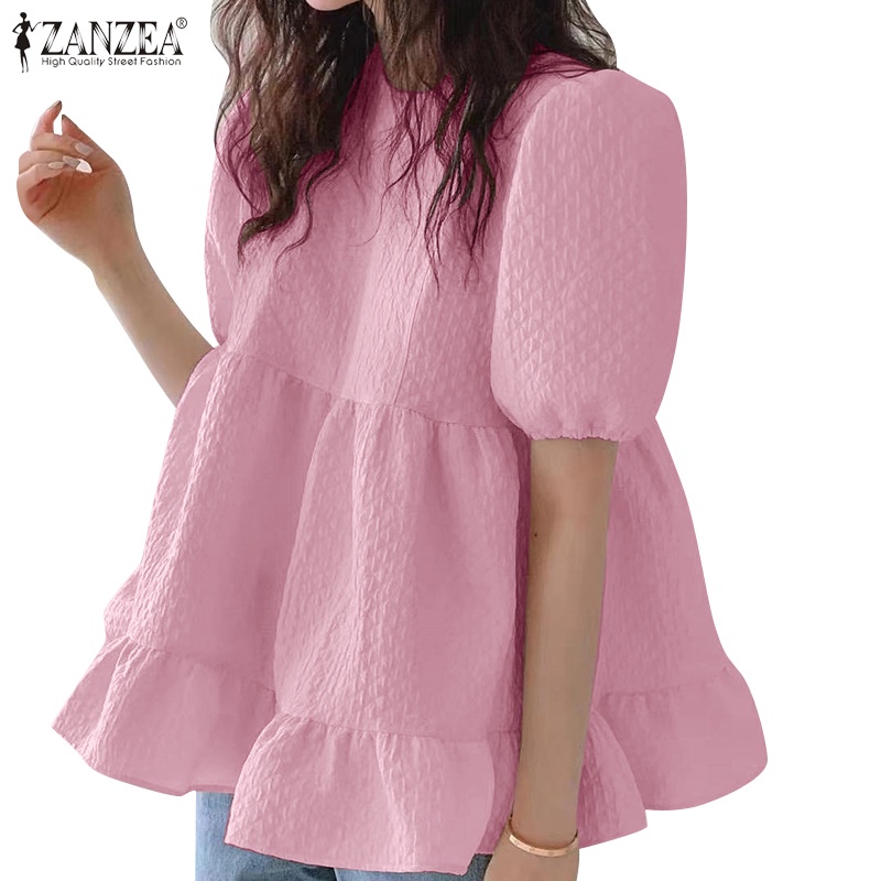 Áo kiểu ZANZEA tay ngắn phồng cổ tròn cài nút sau lưng thời trang cho nữ