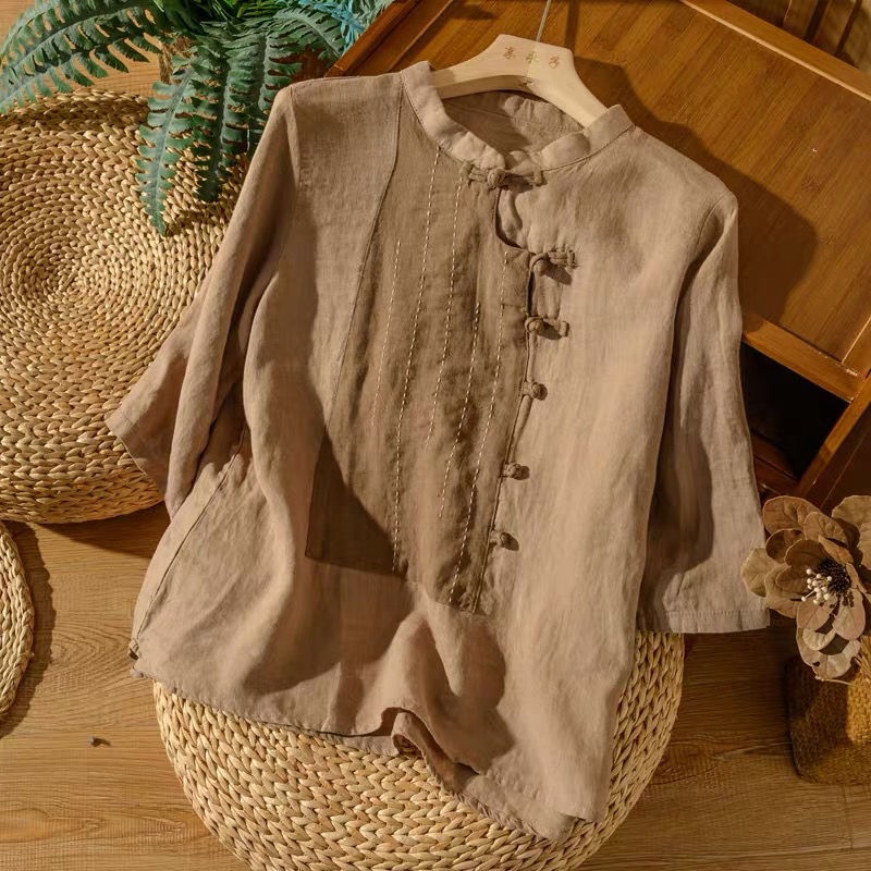 Áo Sơ Mi Cotton Lanh Tay Lửng Phong Cách Hong Kong Cổ Điển Thời Trang Mới Cho Nữ