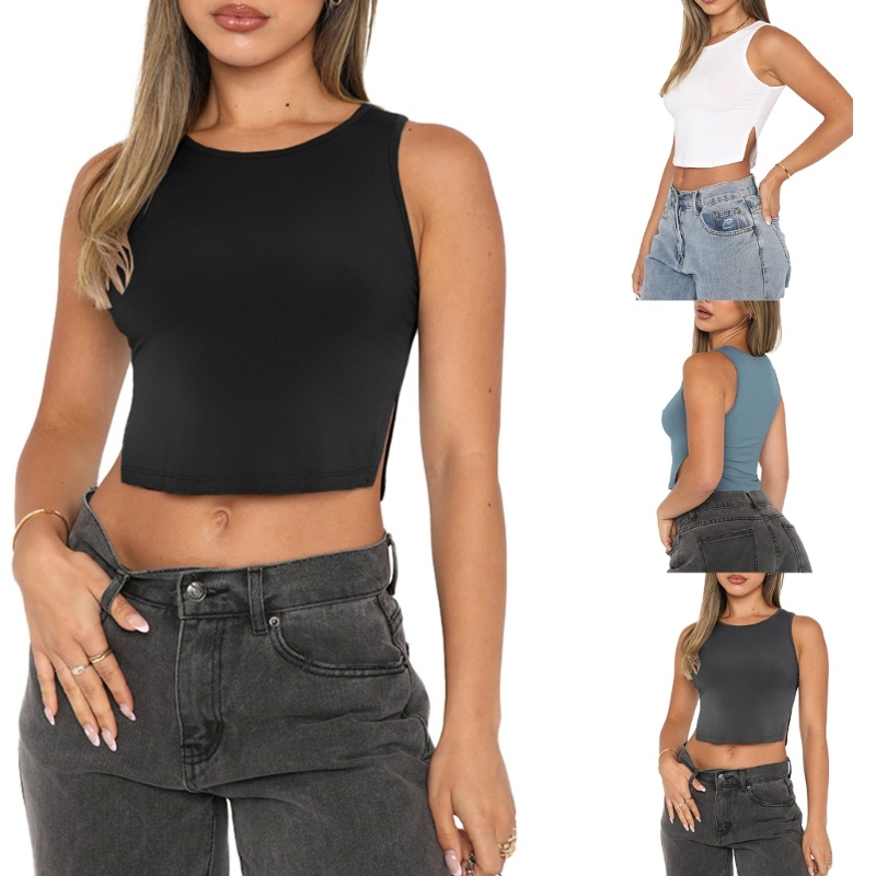 Áo Croptop Sát Nách Cổ Tròn Màu Trơn Dáng Ôm Xẻ Tà Quyến Rũ Thời Trang Mùa Hè Cho Nữ