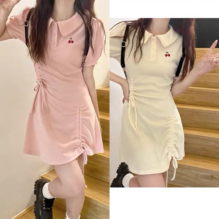 Đầm Ngắn Tay Cổ polo Thêu Họa Tiết cherry Dễ Thương Phối Dây Rút Thời Trang Mùa Hè Cho Nữ hka063