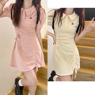 Đầm Ngắn Tay Cổ polo Thêu Họa Tiết cherry Dễ Thương Phối Dây Rút Thời Trang Mùa Hè Cho Nữ hka063
