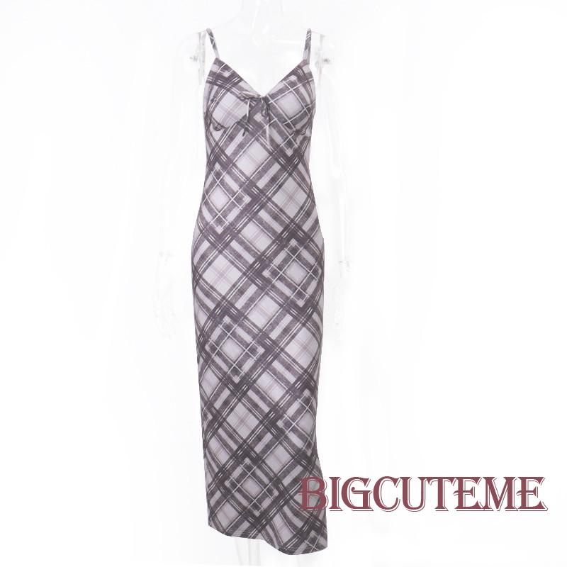 Đầm Hai Dây Cổ Chữ V Họa Tiết Sọc Caro Thời Trang Mùa Hè Cho Nữ