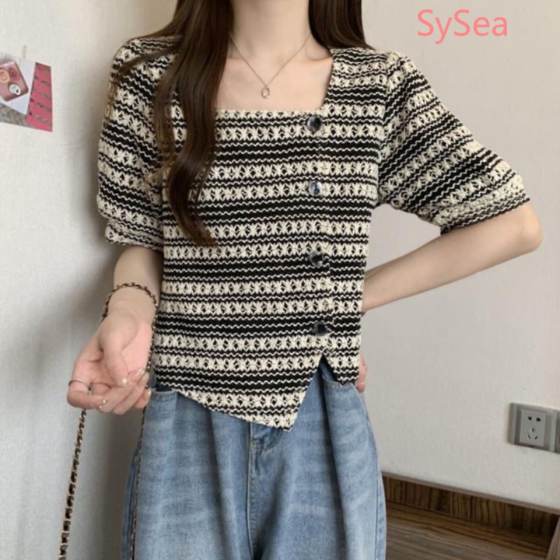 Áo Dệt Kim Tay Phồng Kẻ Sọc Thời Trang Mùa Hè Cho Nữ